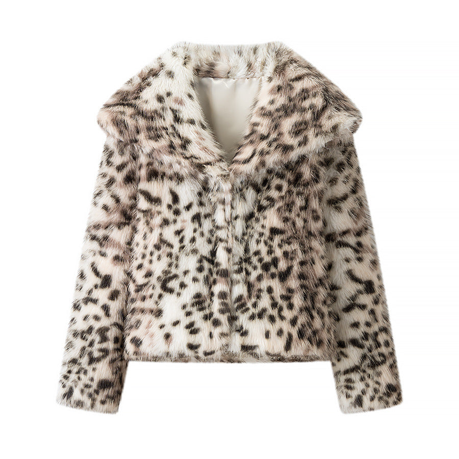 Women Padded Faux Fur Coat with Leopard Print, Oversized Silhouette and Stand-Up Collar Amarae