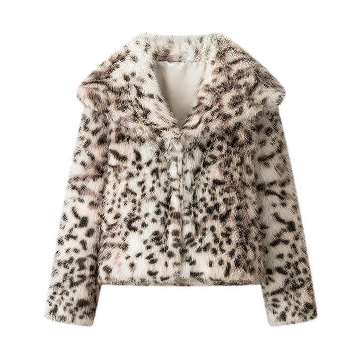 Women Padded Faux Fur Coat with Leopard Print, Oversized Silhouette and Stand-Up Collar Amarae