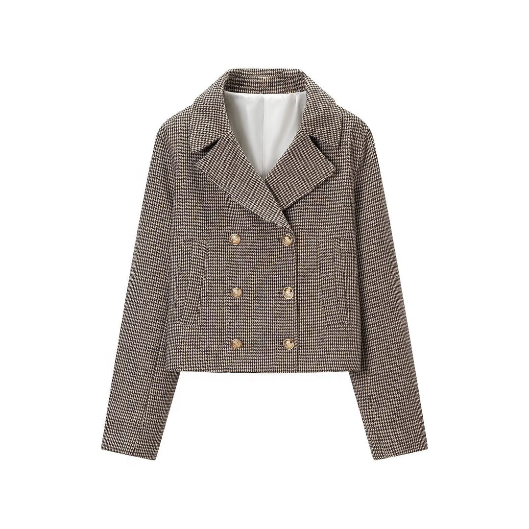 Women's Short-Cut Double-Breasted Houndstooth Blazer with Tailored Silhouette and Golden Decorative Buttons Amarae