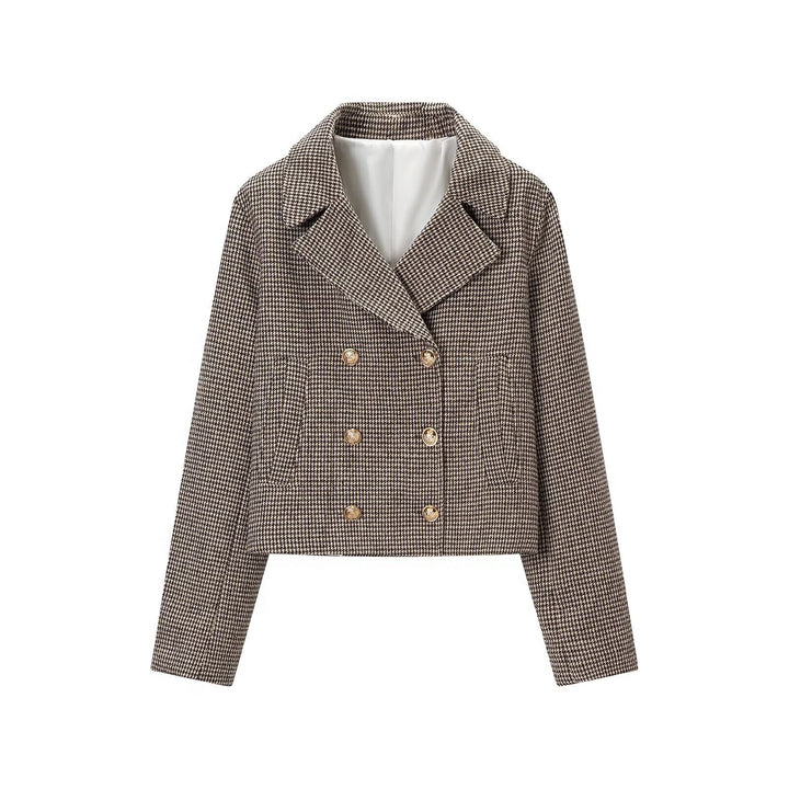 Women's Short-Cut Double-Breasted Houndstooth Blazer with Tailored Silhouette and Golden Decorative Buttons Amarae