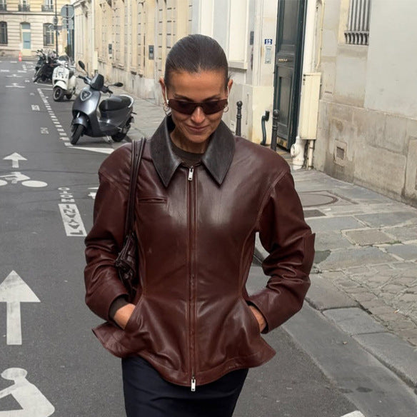 Women’s leather jacket with tailored peplum, zipper & large shirt collar Amarae
