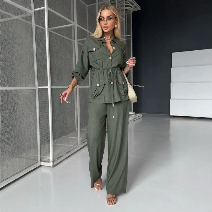 Women's Linen Look Utility Shirt Jacket with Drawstring Waist and Golden Decorative Buttons Amarae