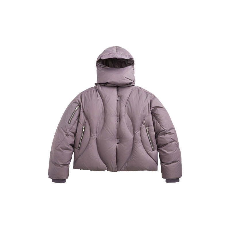 Unisex Short padded puffer jacket with high closing collar, voluminous hood and zippered pockets Amarae