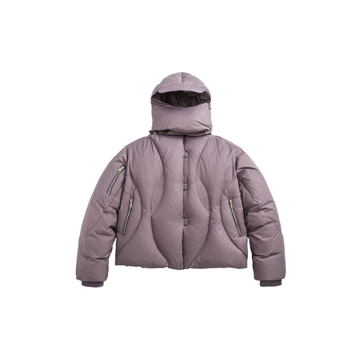 Unisex Short padded puffer jacket with high closing collar, voluminous hood and zippered pockets Amarae