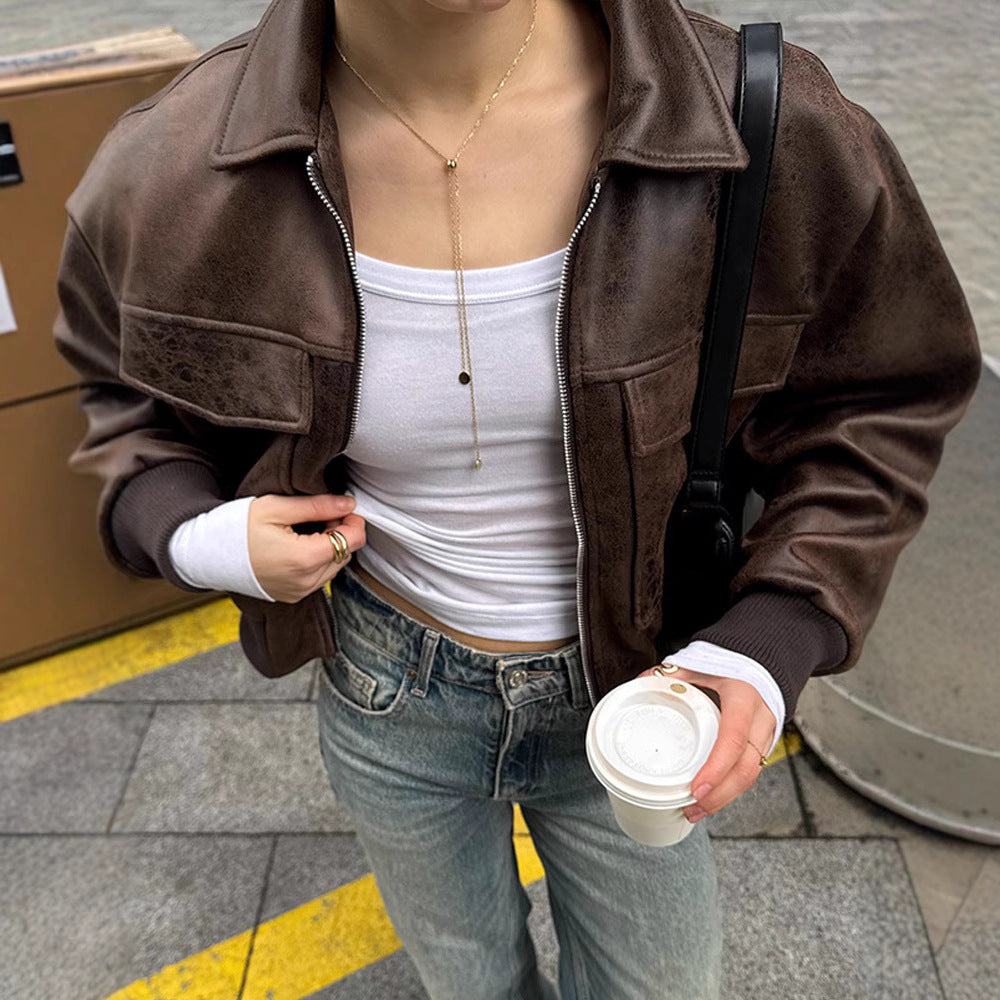 Women Cropped Suede Look Bomber Jacket with Flap Pockets and Ribbed Hem Amarae