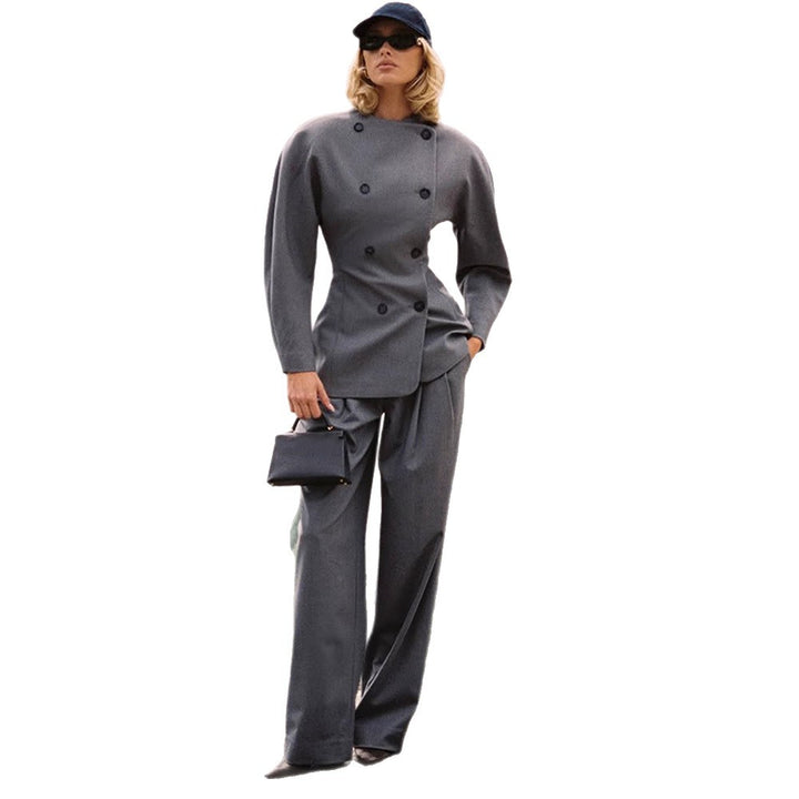 Women's Tailored Double-Breasted Blazer with Asymmetric Closure and Pleated Pants Amarae
