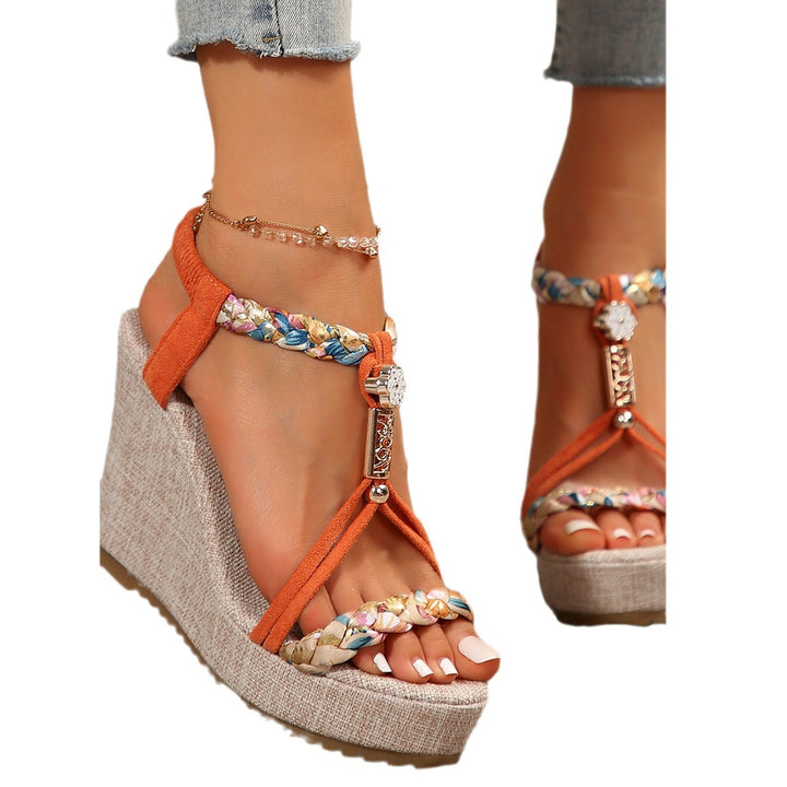 Wedge sandals for women with braided strap and elegant jewelry detail Lune London