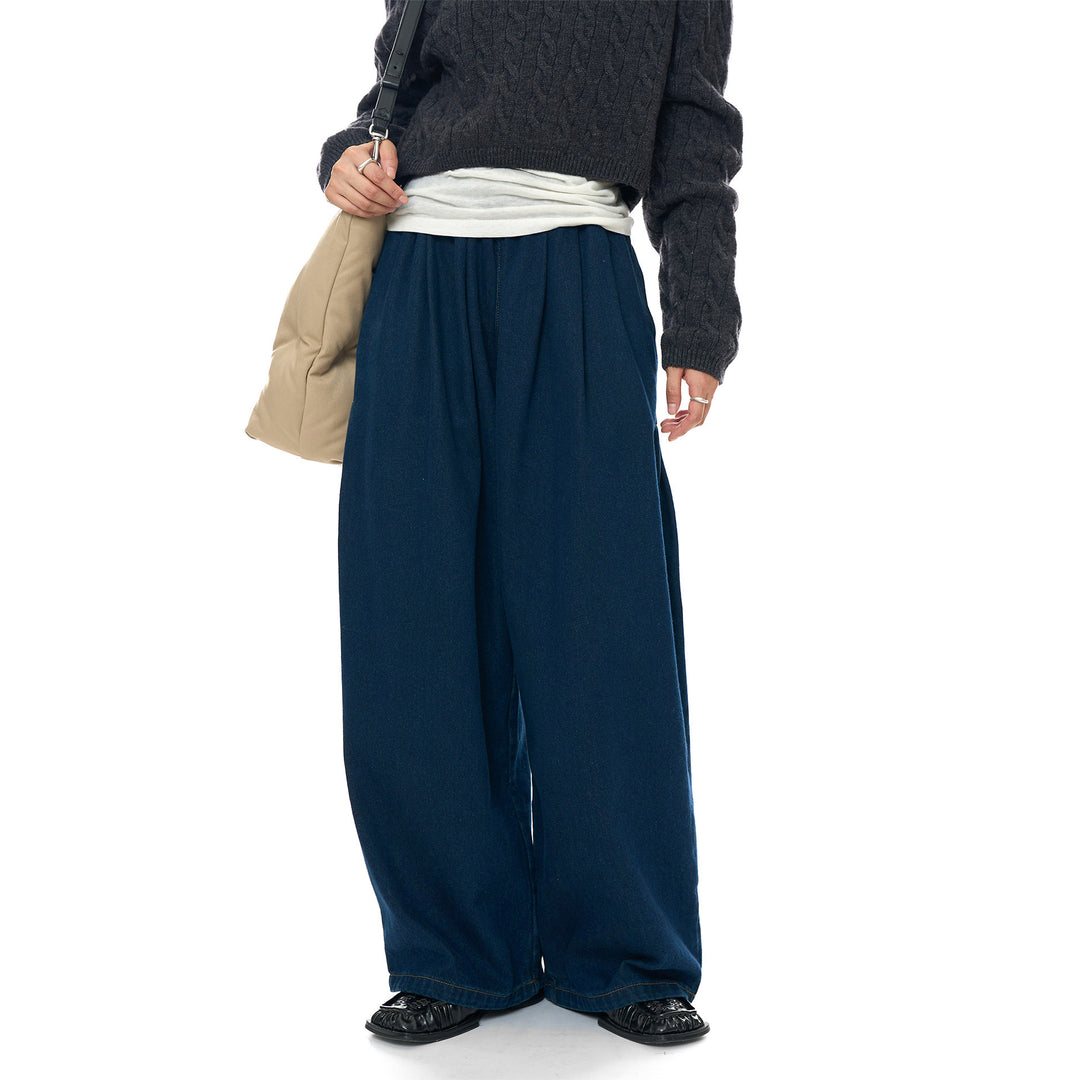 Women Wide Pleated Denim Culottes with High Waist and Deep Crotch Amarae