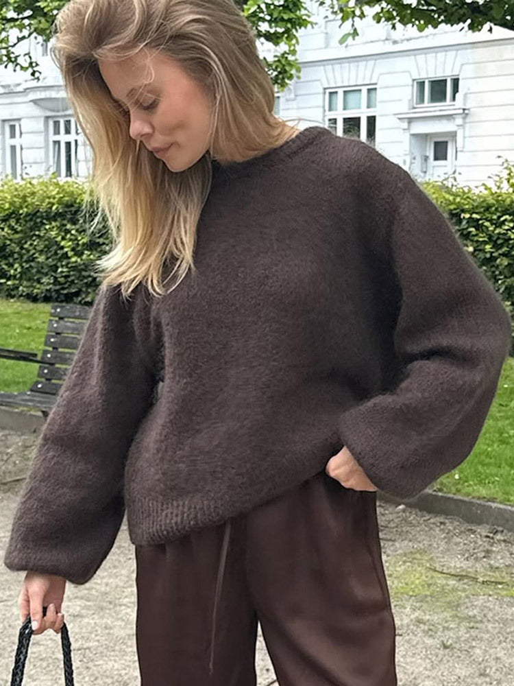 Women Fluffy Round Neck Sweater with Balloon Sleeves and Boxy Silhouette Amarae