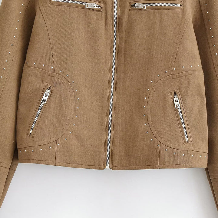 Women Short Velvet Look Jacket with Stand-Up Collar, Decorative Seams, Stud Application and Zip Pockets Amarae