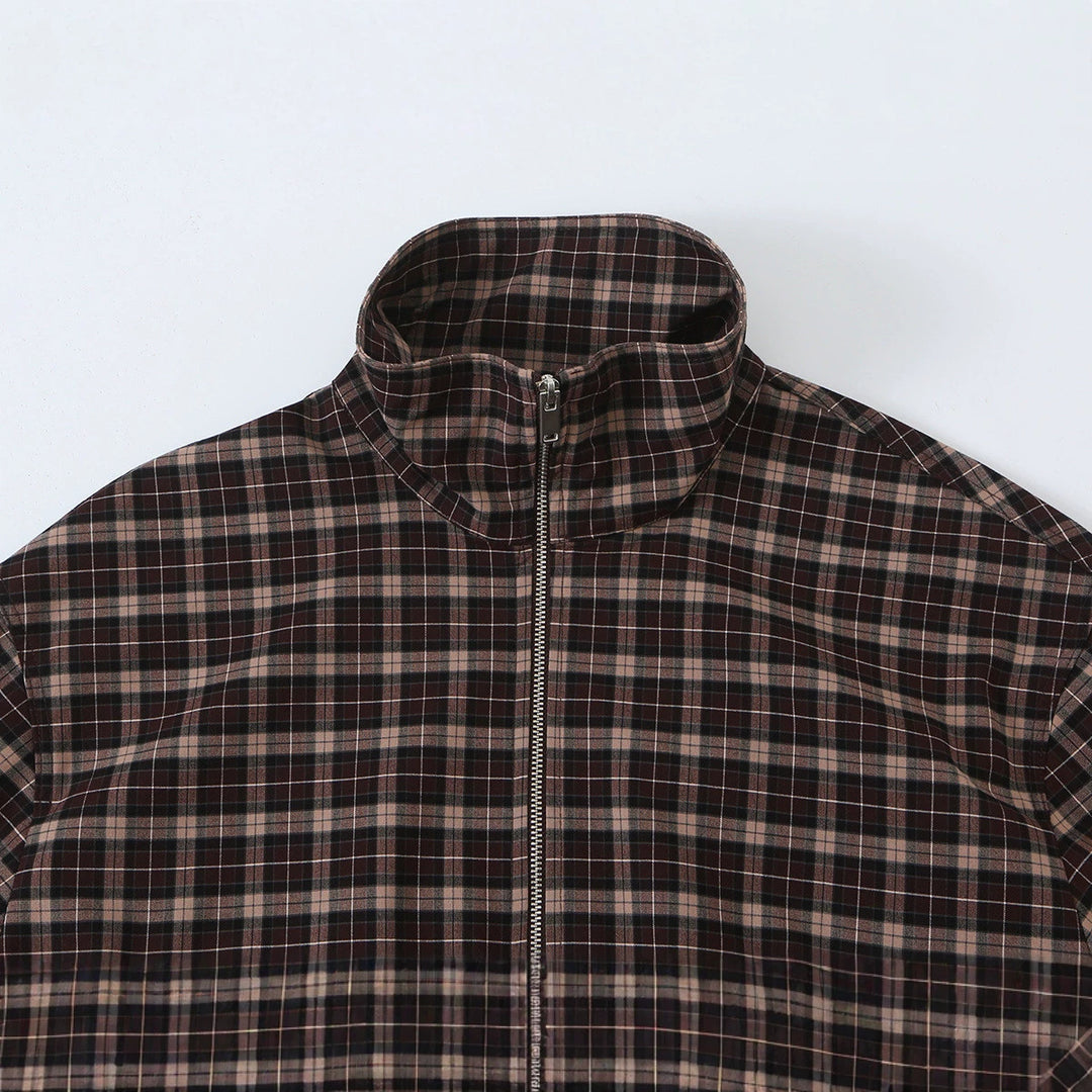 Women's Checkered Cropped Jacket with Stand-up Collar, Drawstring Hem and Pockets Amarae