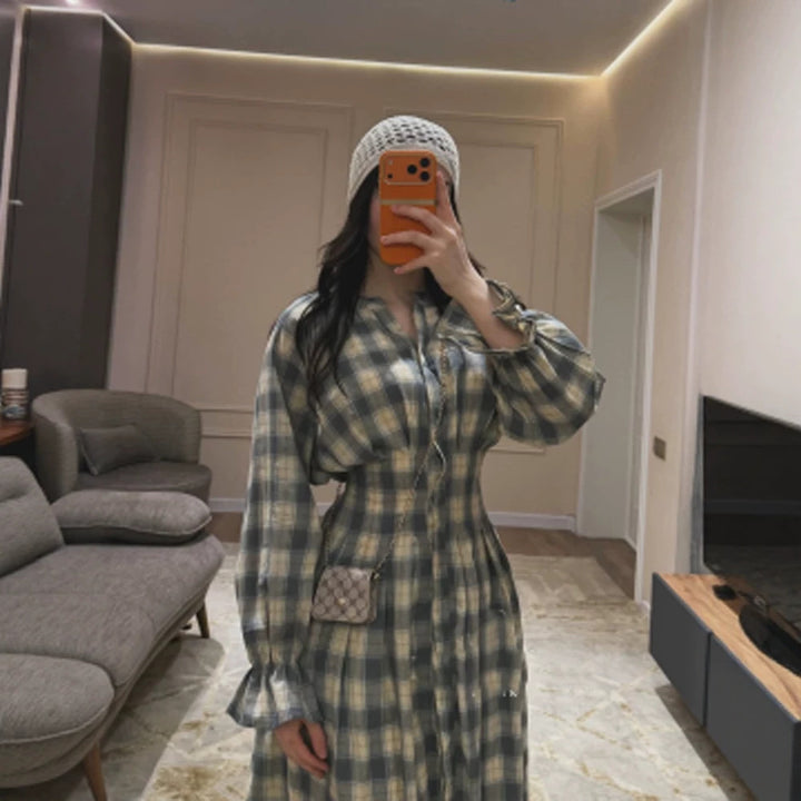 Ladies Max Dress in Checked Button-Up Blouse Style with Waist Belt and Ruffled Cuffs Amarae