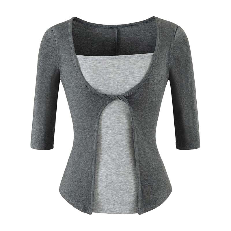 Women Layered Look Shirt with Knot Front, Three-Quarter Sleeves and Integrated Under Top Amarae