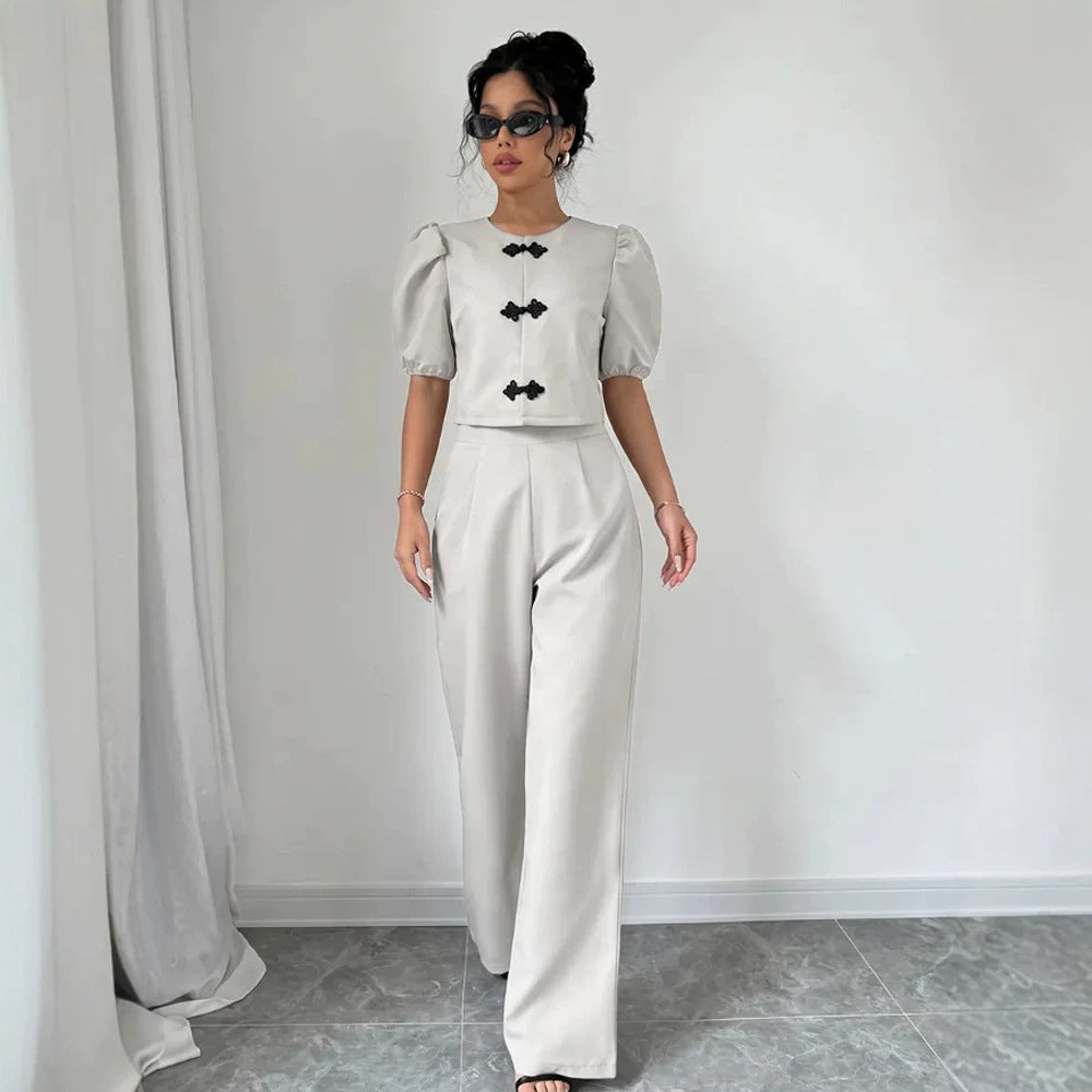Women Two-Piece Tailoring Set with Short Jacket, Puff Sleeves and High-Cut Wide Pants Amarae