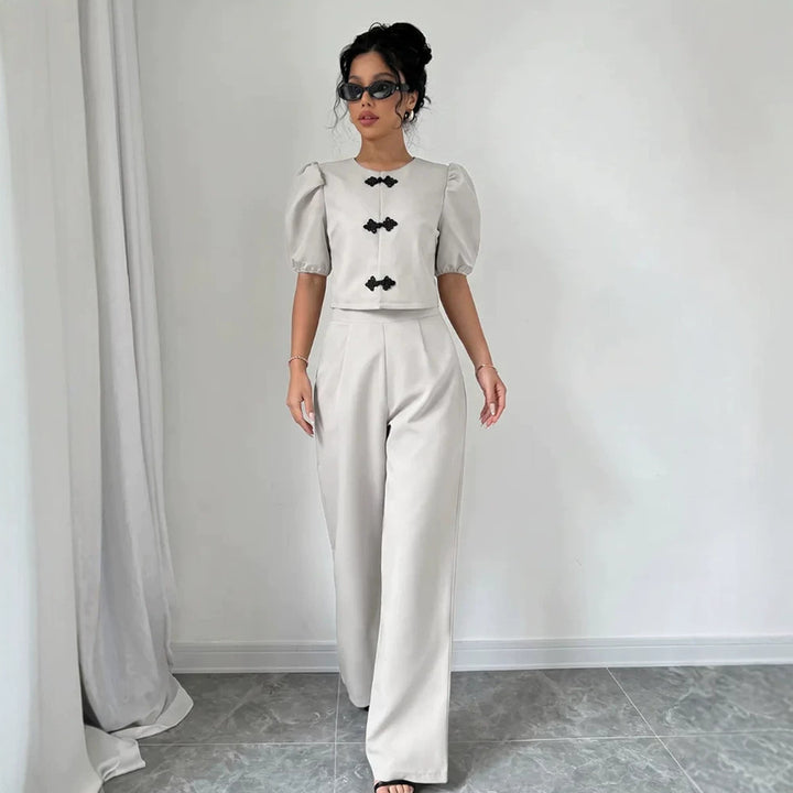 Women Two-Piece Tailoring Set with Short Jacket, Puff Sleeves and High-Cut Wide Pants Amarae