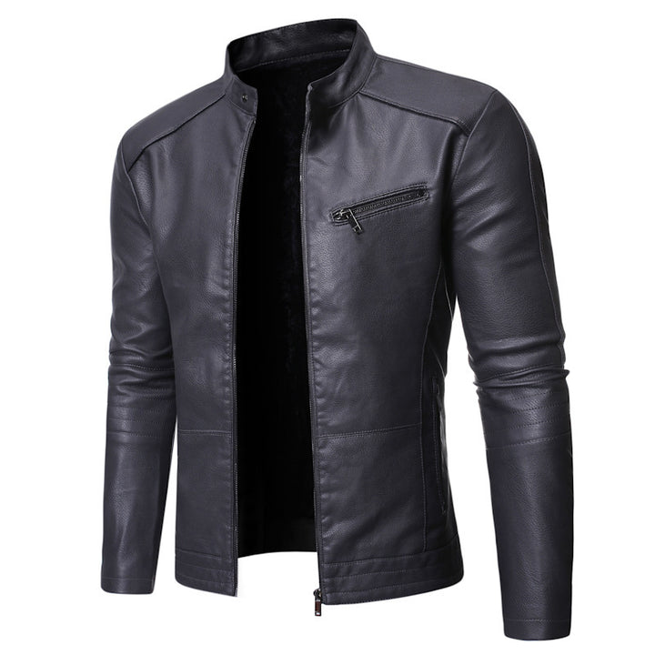 Stylish leather jacket for men with a high collar and practical zippered pockets Lune London