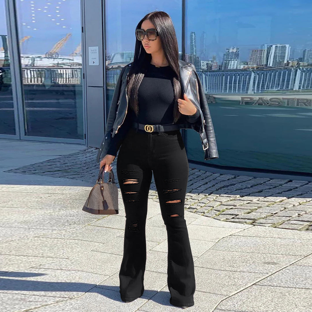 Women's High-Waist Flared Pants in Stretch Denim with Multiple Destroyed Effect Amarae