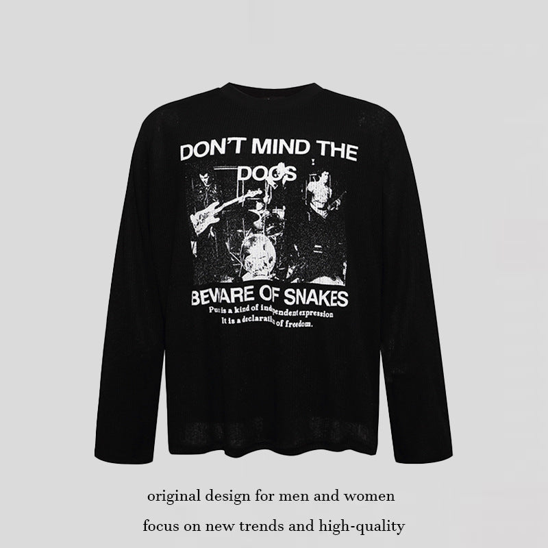 Men's Long Sleeve Thermal Shirt with Waffle Structure and Punk Band Print Amarae