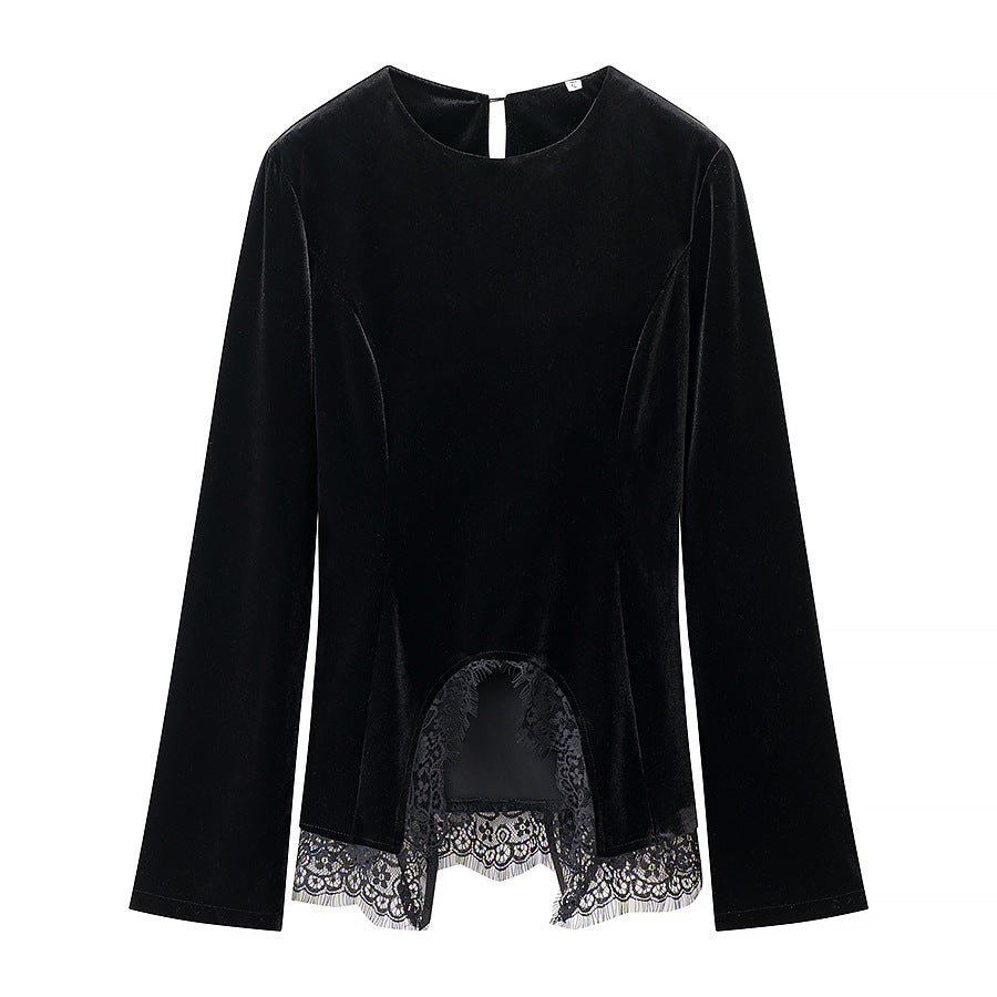 Women’s velvet blouse with lace trim and curved slit neckline Amarae