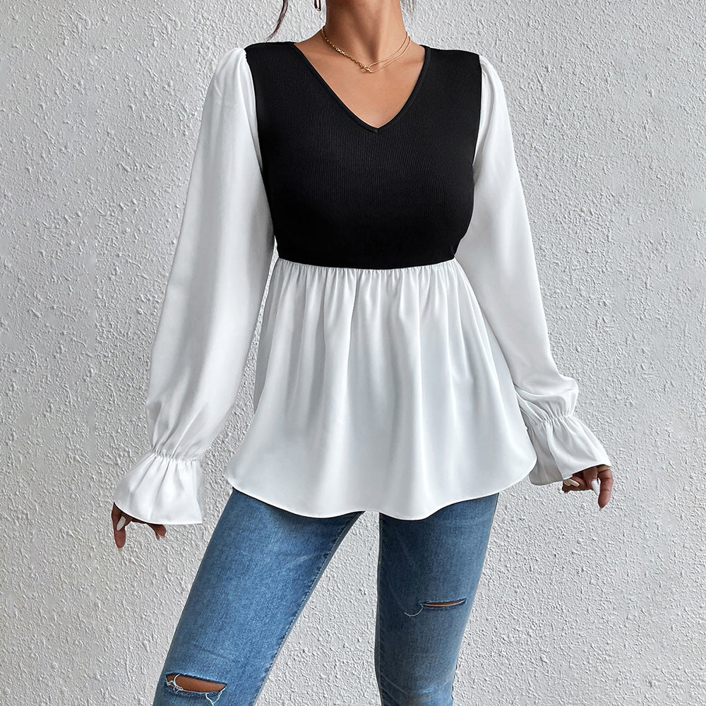 Ladies elegant top with asymmetrical V-neck and puff sleeves Lune London