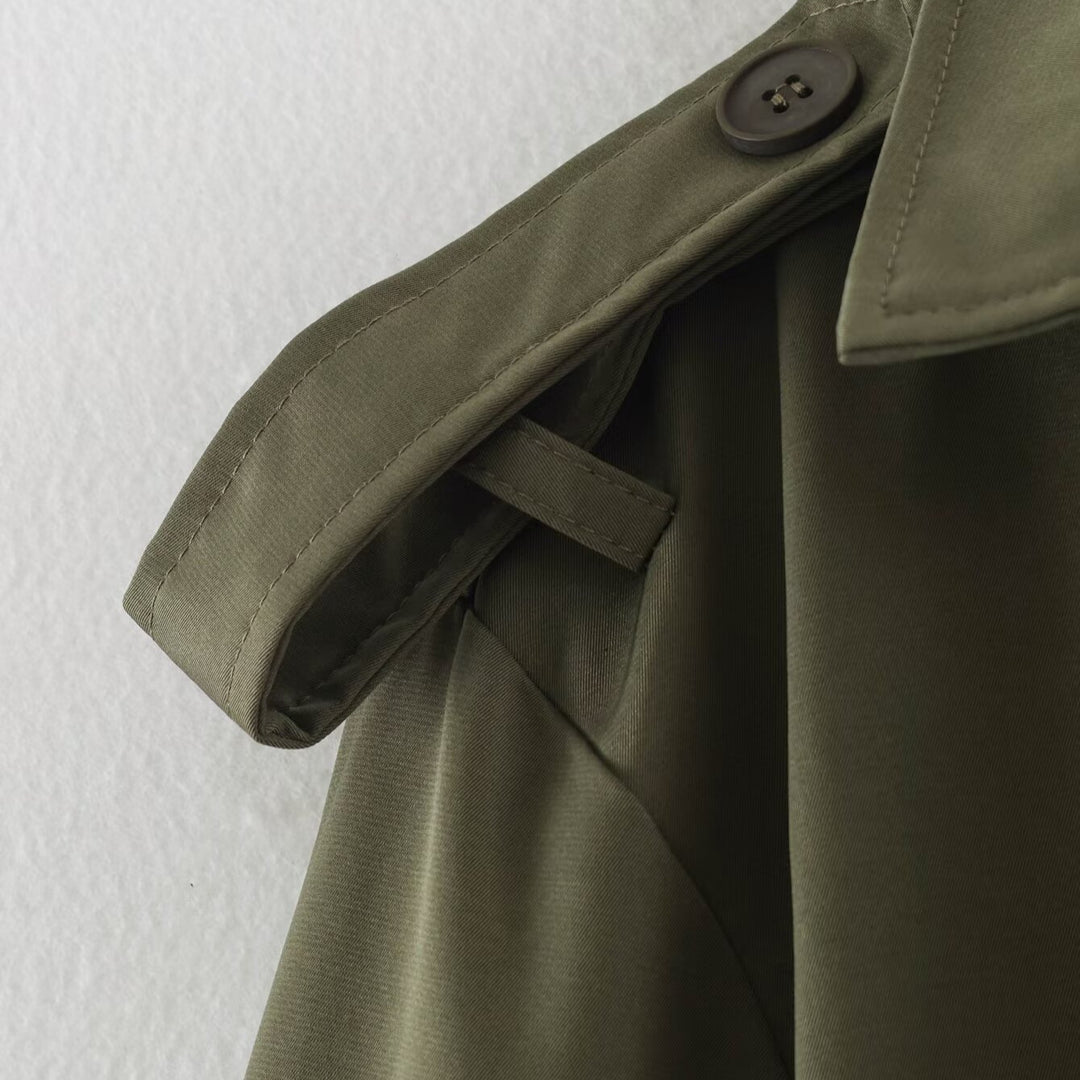 Women's Tailored Short Trench Coat with Tie Belt and Shoulder Patches Amarae