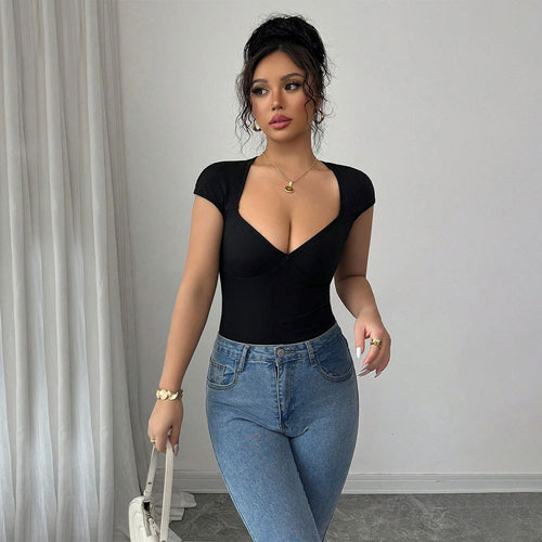 Chic & Style Women's Body with Deep V Neckline and Short Sleeves