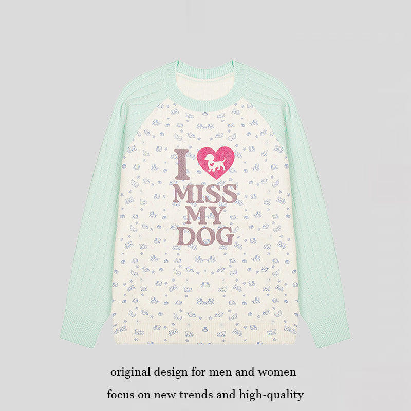 Women's knit sweater with raglan sleeves, allover dog motif and statement print Amarae