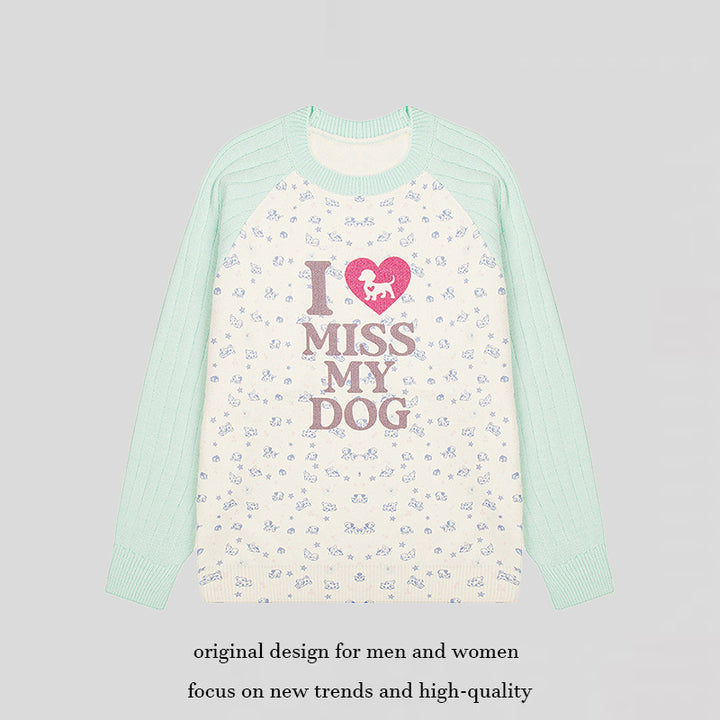 Women's knit sweater with raglan sleeves, allover dog motif and statement print Amarae