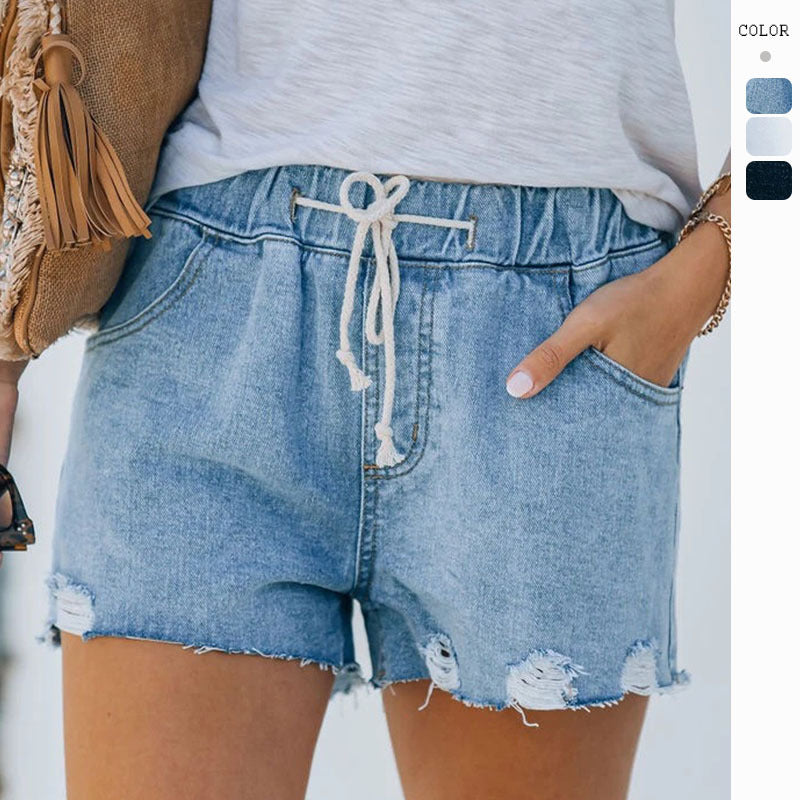 Women's Vintage Denim Shorts with Elastic Waistband and Trendy Destroyed Details