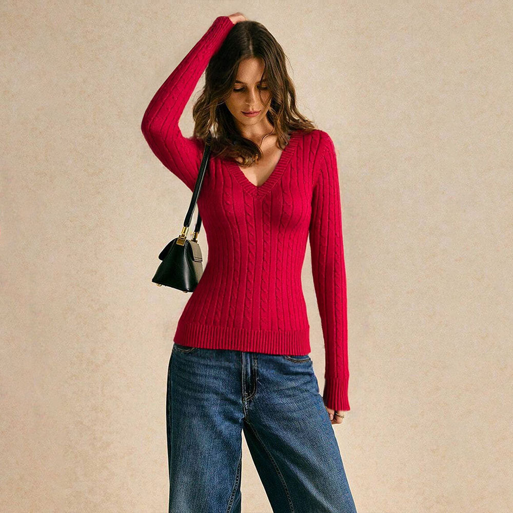 Pull femme avec col en V et motif en câble texturé Chic & Stil