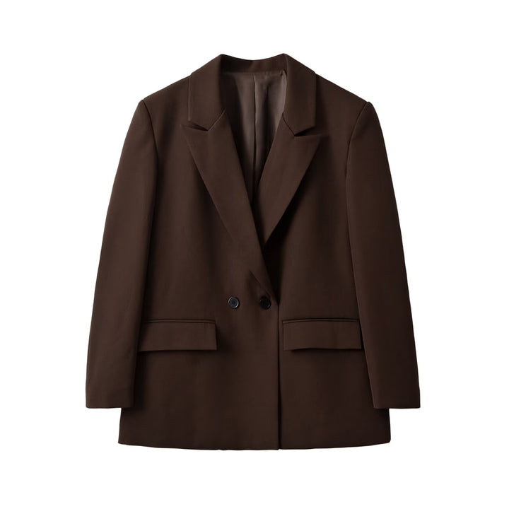 Women's Double Breasted Long Blazer with Lapel Collar, Tailored Fit and Patch Pockets