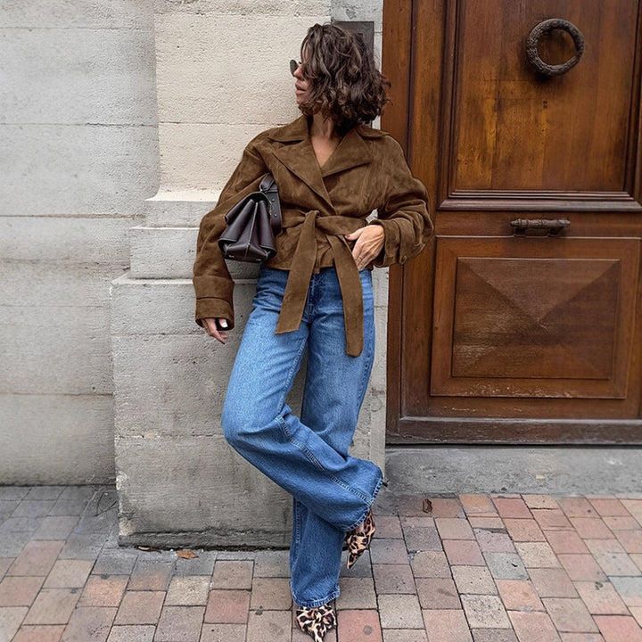 Women's short blazer in suede look with tie belt and boxy silhouette Amarae