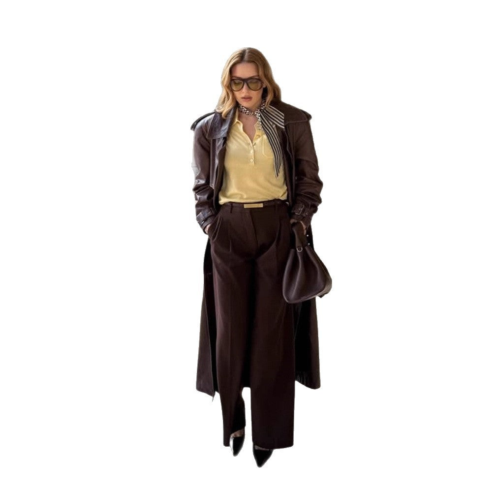 Women Long Trench Coat Made of Faux Leather with Oversized Shoulders and Tailored Silhouette Amarae