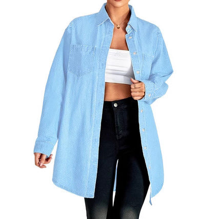 Women Oversized Denim Shirt Jacket with Patch Pockets and Casual Longline Fit Amarae
