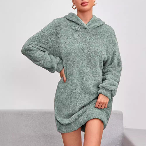 Oversized cozy hooded dress for women in soft fleece Amarae