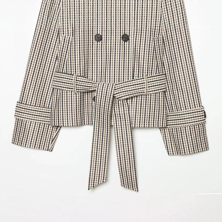 Women Short Tailored Double-Breasted Trench Coat with Check Pattern and Belt Amarae