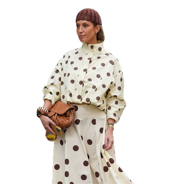 Women's Boxy Shirt Jacket with Stand Collar, Balloon Sleeves and Large Polka Dot Print Amarae