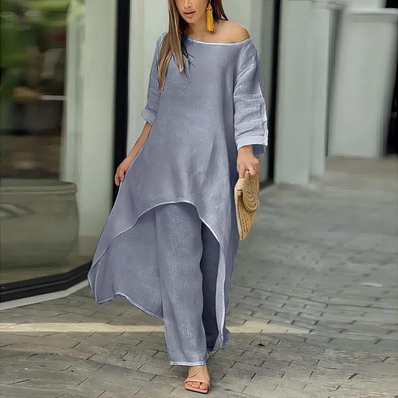 Women's airy linen-blend tunic set with wide palazzo pants Amarae