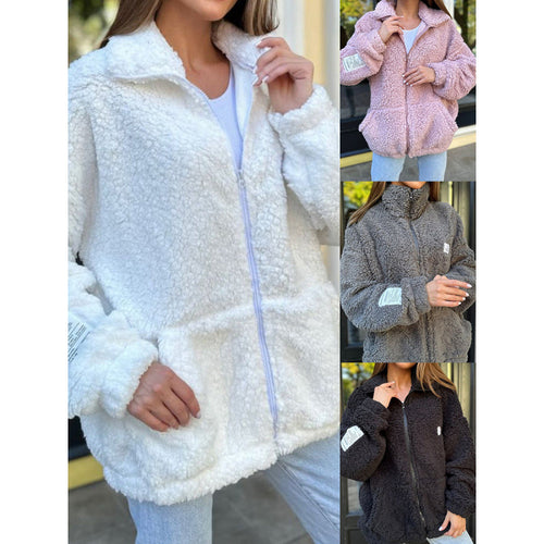 Ladies Plush Fleece Jacket with High Collar and Practical Pockets Amarae