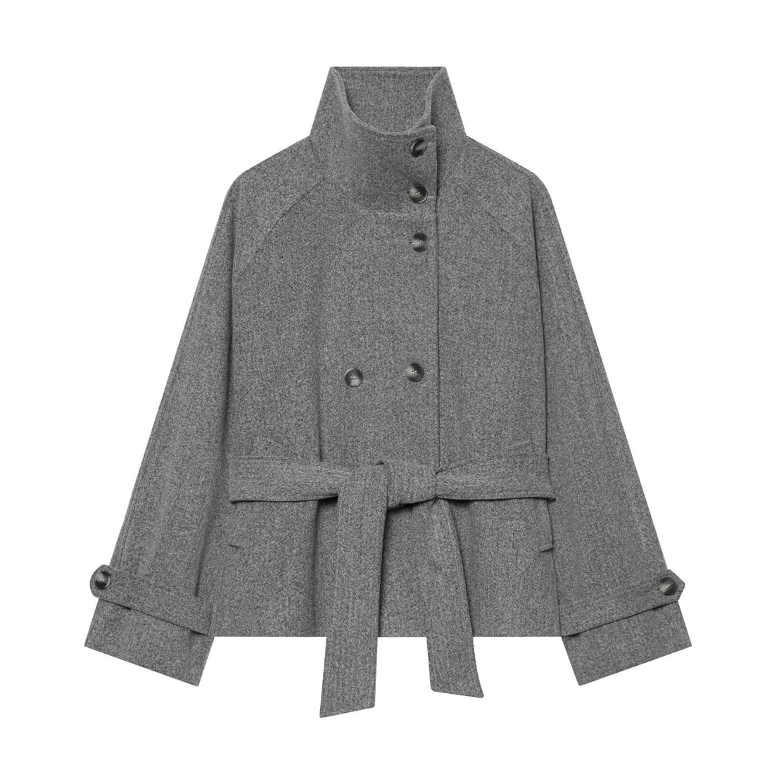 Women's cape transitional jacket in a short cut with a high collar, double button placket, and waist tie belt Amarae