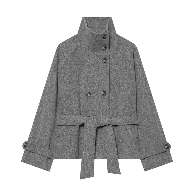 Women's cape transitional jacket in a short cut with a high collar, double button placket, and waist tie belt Amarae
