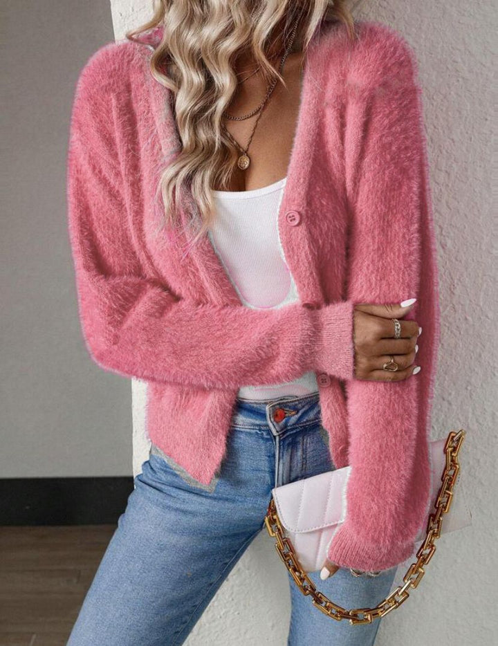 Lune London | Women Fluffy V-Neck Cardigan with Button Detail