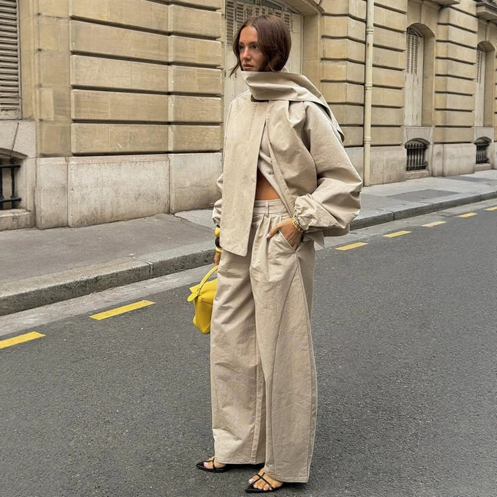 Women's Two-Piece Oversized Pant Suit Set with Asymmetrical Stand Collar Amarae