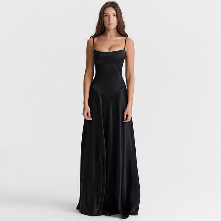 Women's Elegant Maxi Dress with Slim Spaghetti Straps and Flowing Satin Fall Lune London