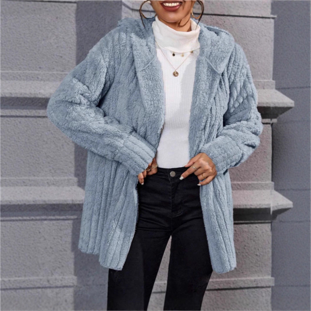 Ladies soft fleece jacket with hood and textured design Lune London