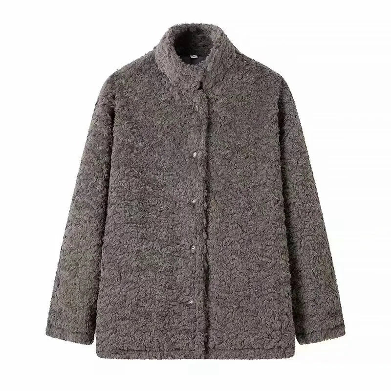 Comfortable fleece jacket for women with high collar and snap button closure Lune London