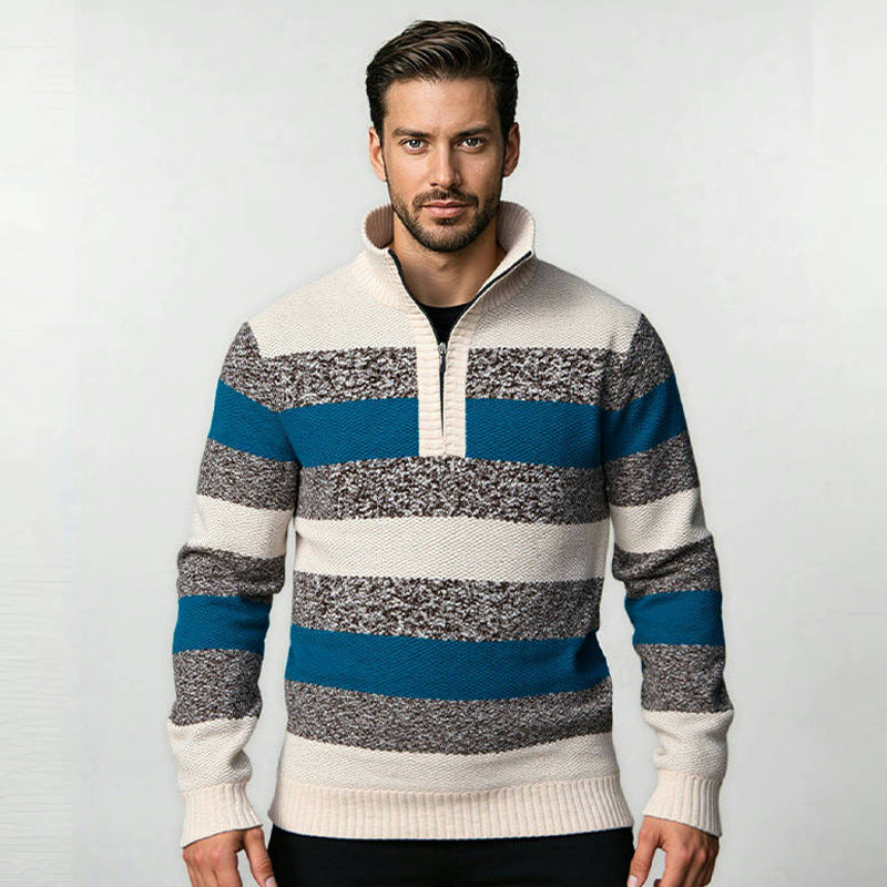 Modern knitted sweater for men with half zipper and block stripes Lune London