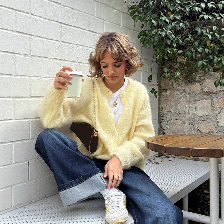 Women's Fluffy Short Jacket made of Mohair Mix with Round Neck and Boxy Silhouette Amarae