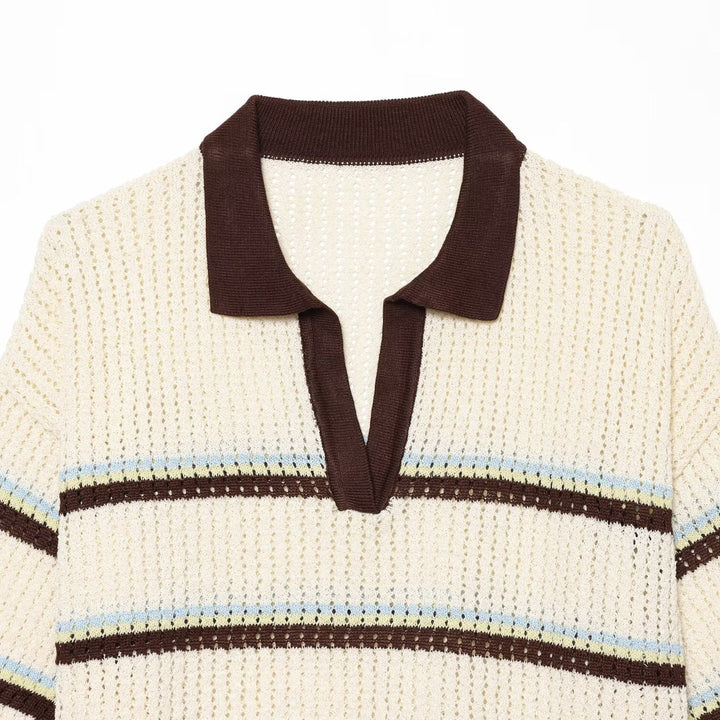 Women's short-sleeve polo pullover made of openwork knit with open V-neck Amarae