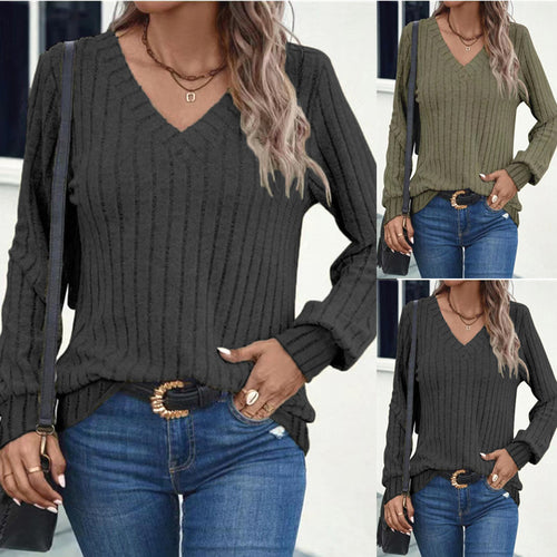 V-neck ribbed pullover for ladies with long sleeves Amarae